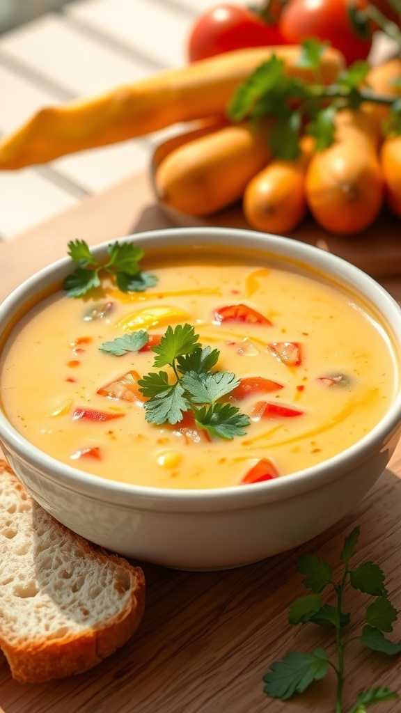 Chilled corn gazpacho in a bowl, garnished with cilantro, with crusty bread on the side.